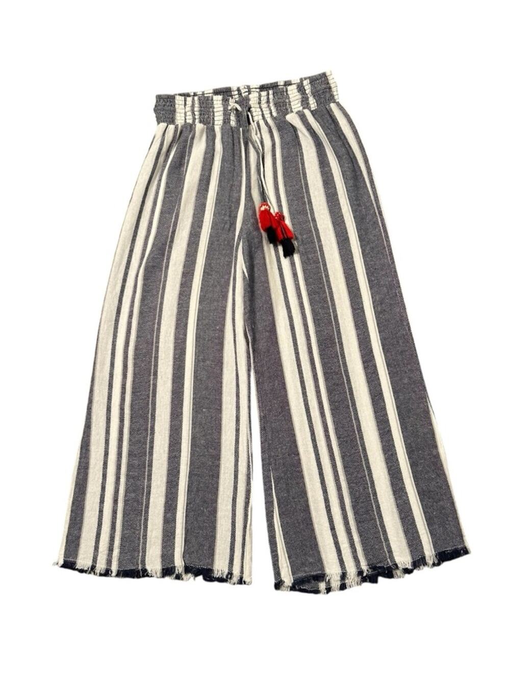 Indigo Rein Linen Blend Striped Wide-Leg Pants Size M Yarn Tassel Boho Beach
